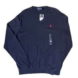 Polo Ralph Lauren Pima Cotton V Neck Sweater Mens XL Navy Blue Pullover NWT